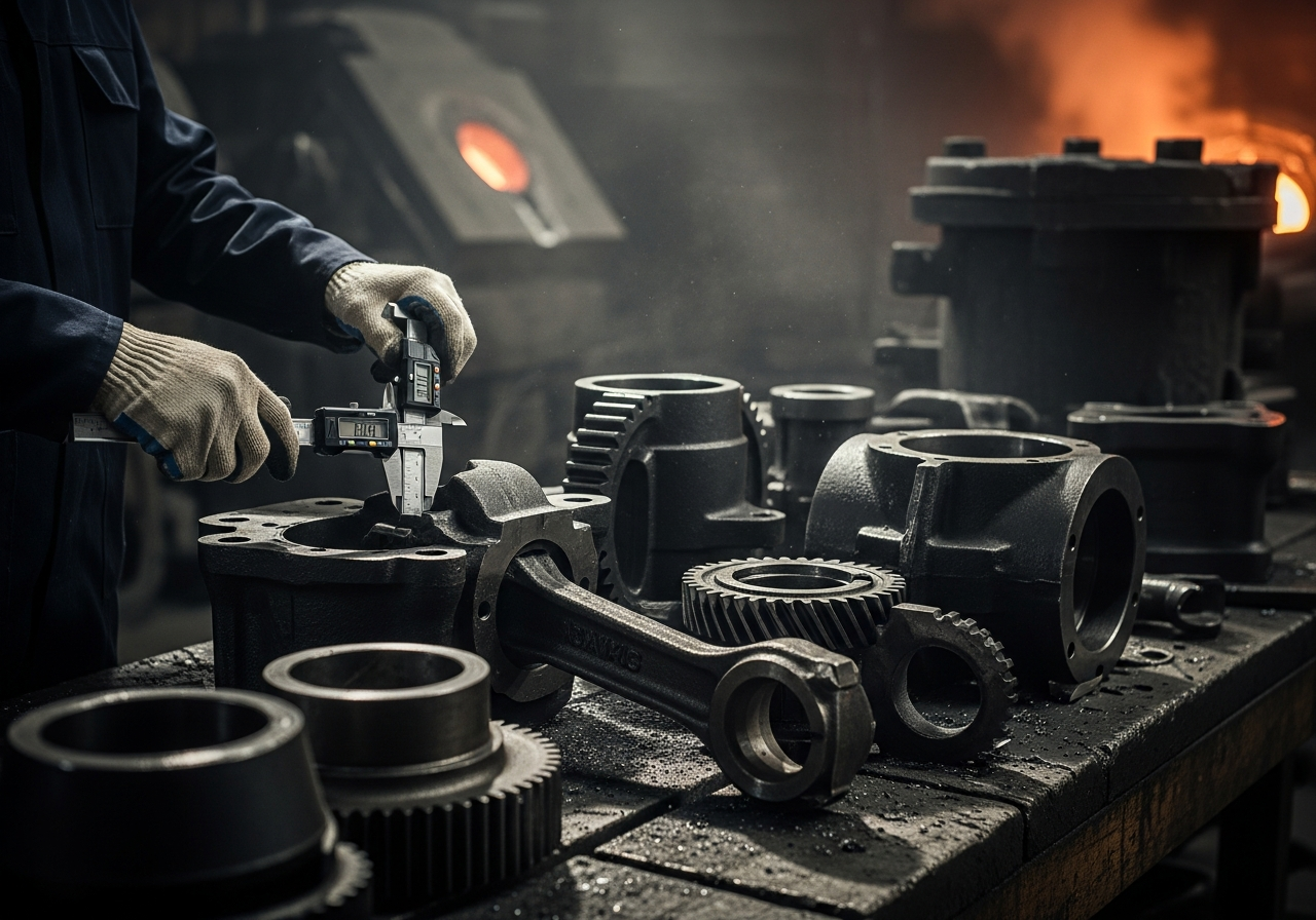 Quality engineer inspecting cast and forged heavy equipment components