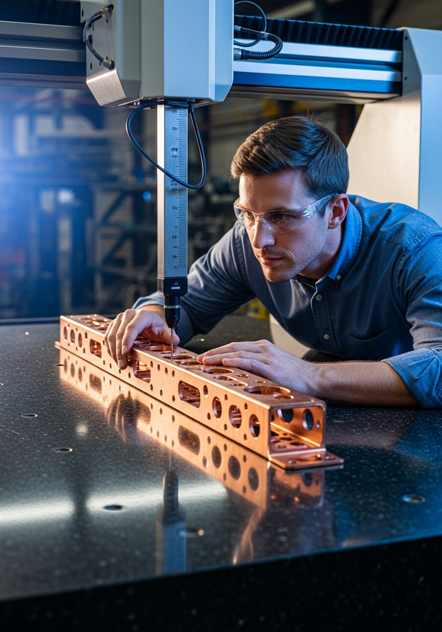 Quality engineer verifying a precision copper conductor with CMM inspection