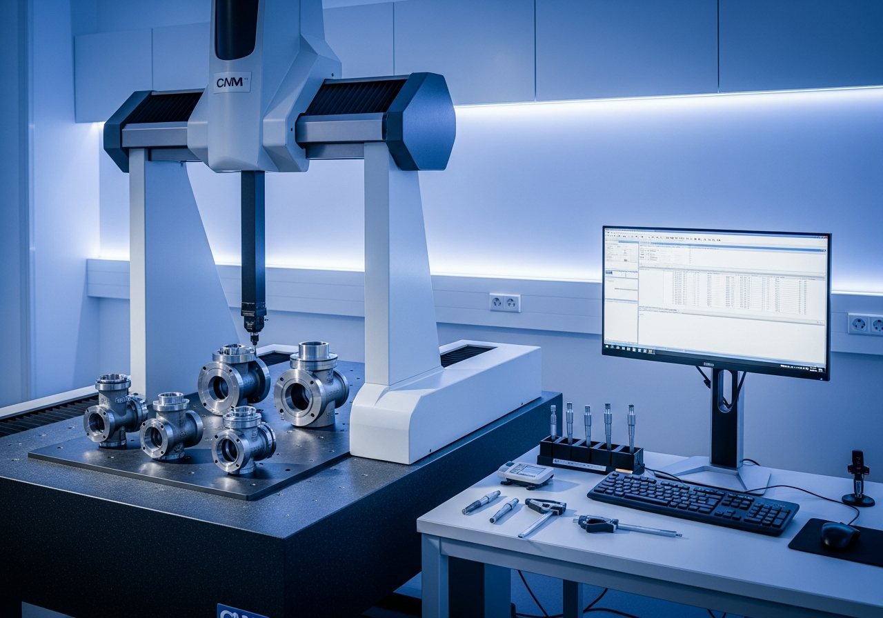 Investment cast valve bodies under CMM dimensional inspection